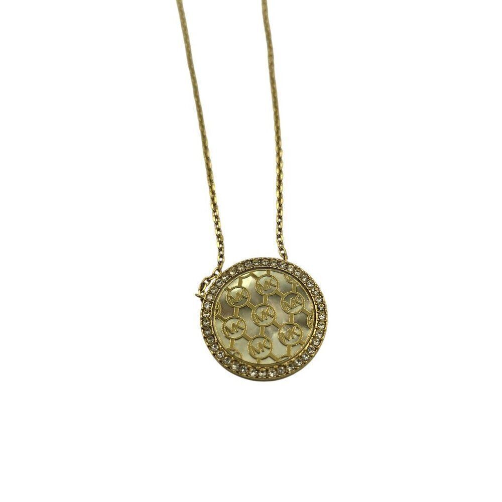 Michael Kors Gold Tone Pave Monogram Mother of Pearl Necklace - Picture 2 of 7